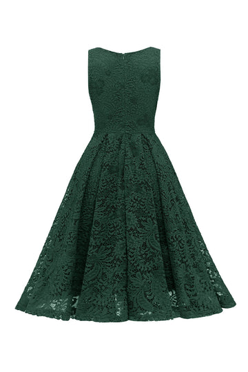 Verde Oscuro A Línea Vestido de Encaje Sin Mangas